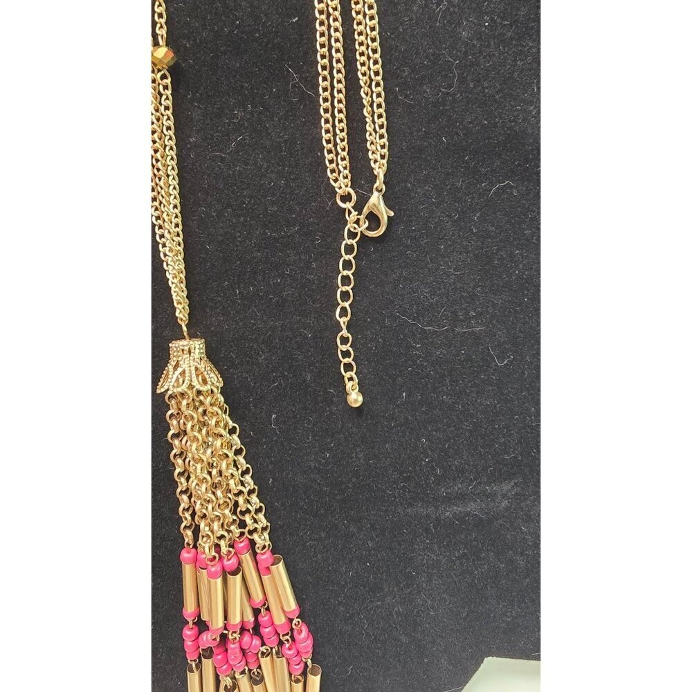Vintage Gold Tone Tube Tassel Necklace Bead Accents Boho Chic Jewelry - Picture 4 of 5